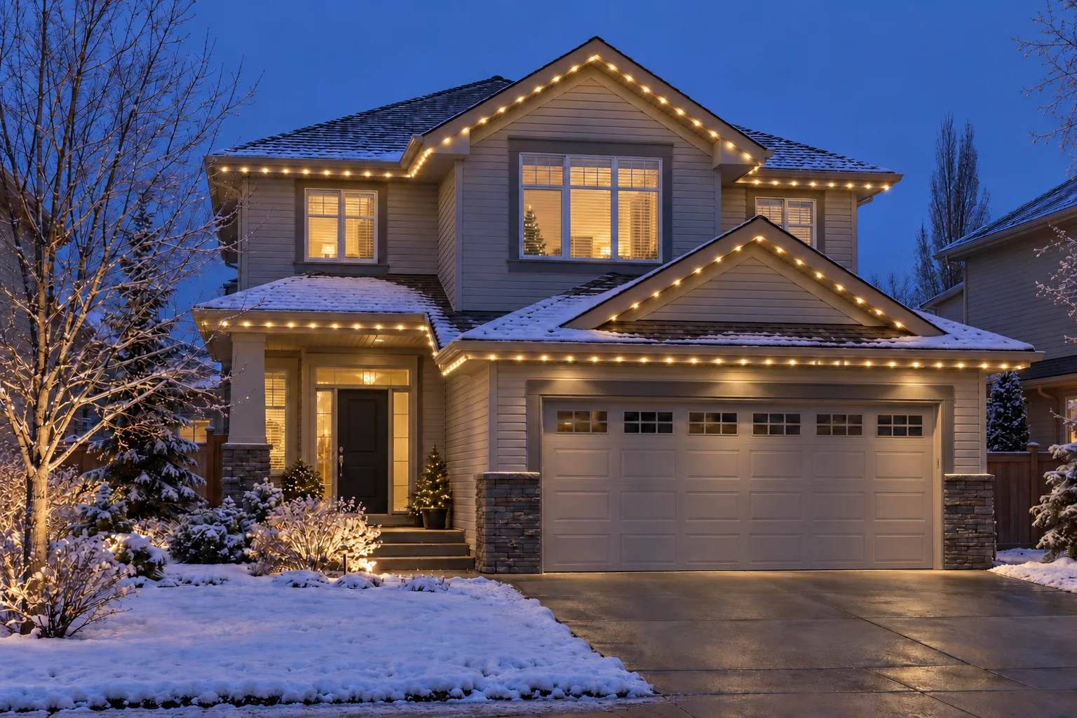 A Calgary-style home with soft warm white permanent roofline lights in winter