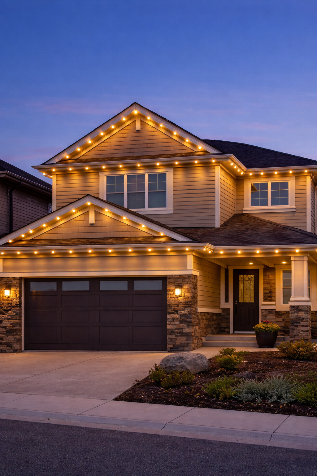 Warm white permanent eaves lighting on a home